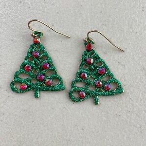Vintage Christmas Tree Earrings Pierced Hook Holiday Green Tree Red Rhinestones